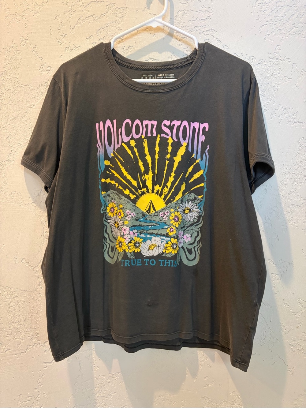 Volcom Charcoal Tee with Yellow Sunburst and Pink Logo